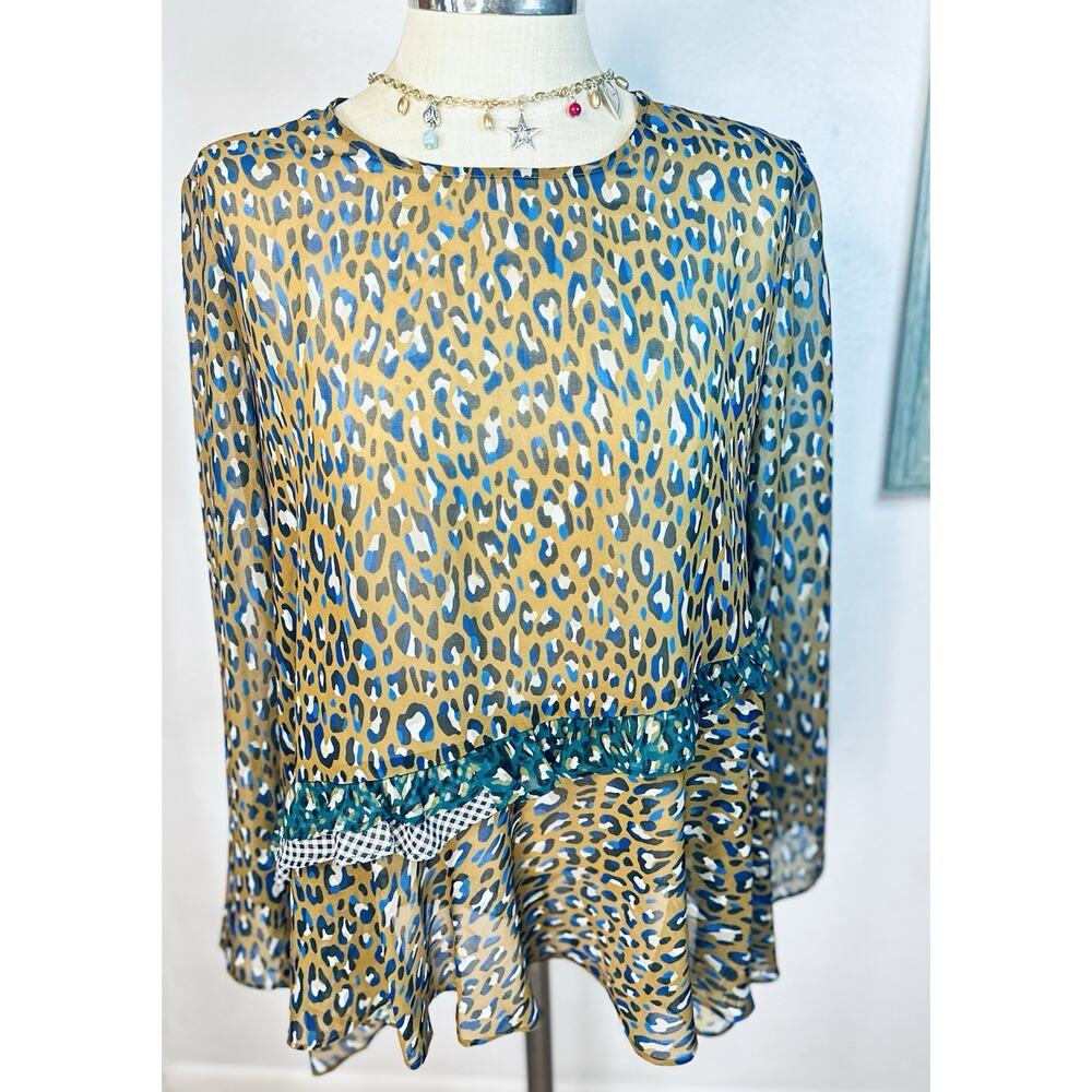 LOGO Lori Goldstein Leopard Print Sheer Blouse Ruffle Boho Medium Summer